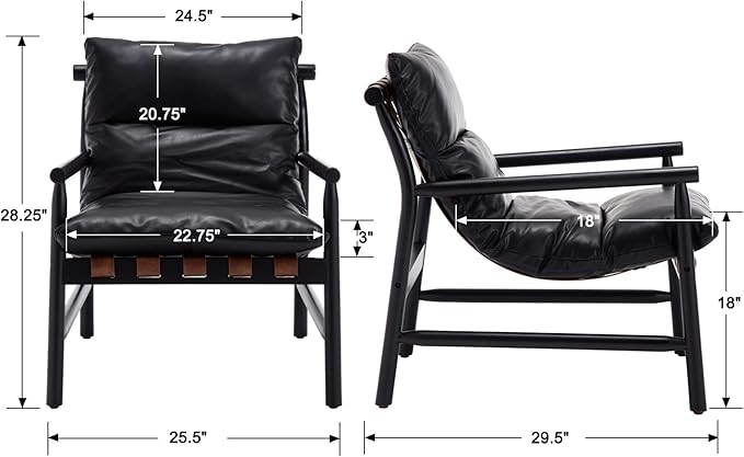 Faux Leather Accent Chair Mid Century Modern Living Room Chairs Comfy Arm Chair with Solid Wood Frame Upholstered Lounge Reading Chair Cozy Recliner for Bedroom/Guest Room, Black