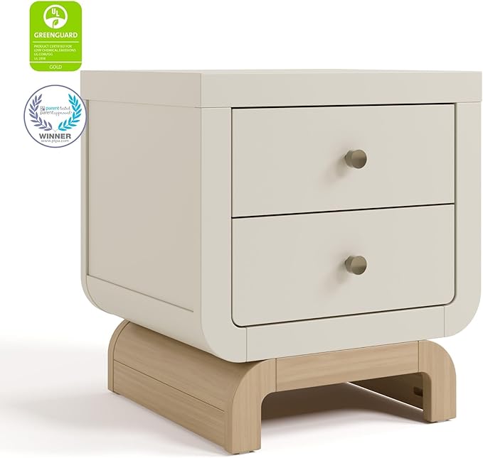 Storkcraft Santorini 2 Drawer Nightstand (Frosted Oat & Driftwood) - GREENGUARD Gold Certified Nightstand for Kids Bedroom, Premium Wood with Curved Base, “Champagne” Metal Knobs