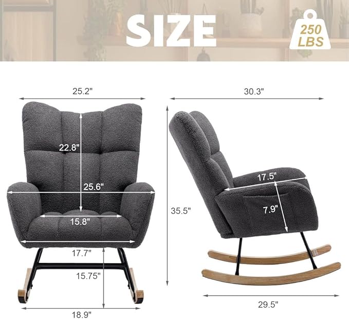 Nursery Rocking Chair Teddy Upholstered Glider Rocker Accent Chair with High Backrest Armchair Comfy Side Pocket Modern Rocking Accent Chairs for Living Room, Nursery, Office(Neutral Gray)