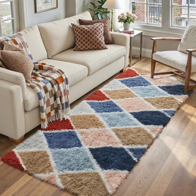 2x6 Checkered Rug Rainbow Modern Soft Area Rug Fluffy Non-Slip Carpet for Bedroom Living Room Playroom Home Aesthetic Decor