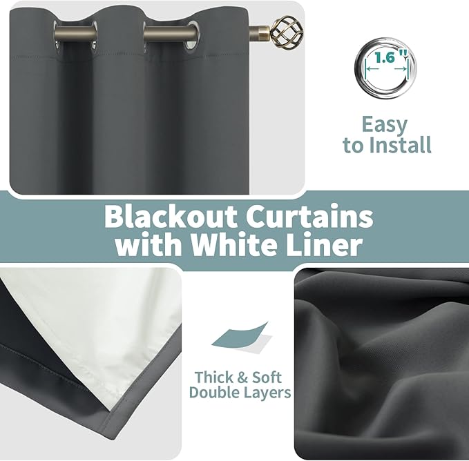 BGment Blackout Curtains for Bedroom 63 Inch Length 2 Panels Set, Thermal Insulated Bedroom Curtains Soundproof Room Darkening Window Curtain Drapes, Each Grommet Curtains 52 Inch Wide, Dark Grey
