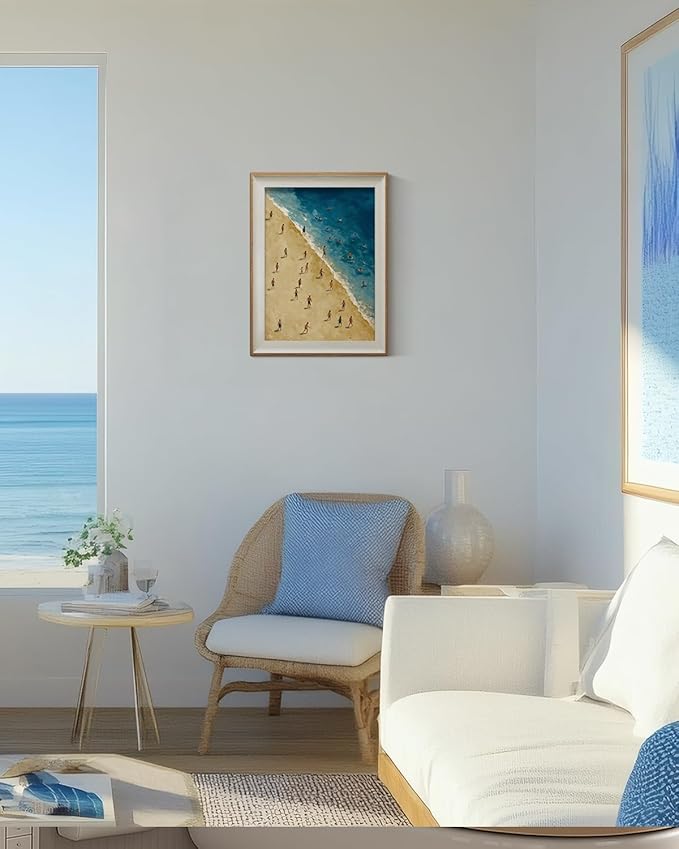 ARPEOTCY Framed Canvas Wall Art, 12x16 Inch Beach Scene Painting Print, Aerial Ocean View Coastal Wall Decor for Bathroom, Bedroom or Living Room, Summer Seaside Artwork