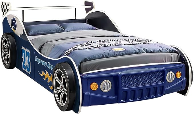 LKTART Car Bed Twin Size for Kids, Race Car Shaped Wooden Platform Bed Frame with Headboard Wheels and Support Slats for Boys Toddlers Child's Bedroom (Blue)
