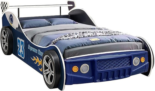LKTART Car Bed Twin Size for Kids, Race Car Shaped Wooden Platform Bed Frame with Headboard Wheels and Support Slats for Boys Toddlers Child's Bedroom (Blue)
