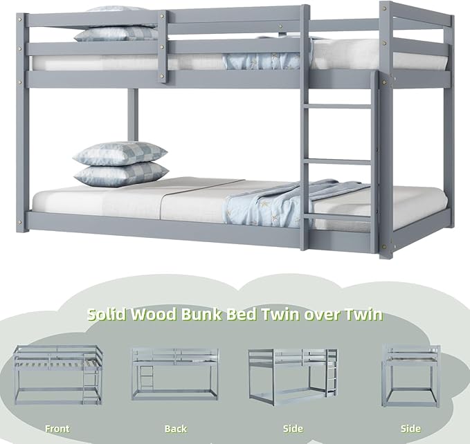 Merax Solid Wood Low Bunk Bed Frame for Kids/Toddlers/Junior, with Built-in Ladder, High Guardrail and Slats, Floor Bed Bottom Bunk, No Box Spring Needed, for Small Spaces, Twin-Over-Twin, Gray