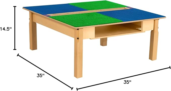 Time-2-Play 35" Square Blue & Green Lego Compatible Blocks Play Table for Kids, Solid Wood Desk with Trough and Shelf for Elementary School, Toddlers [ 14" Long Legs]