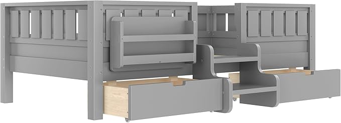 Bellemave Twin Bed with Slats and Stairs, Twin Size Platform Bed Frame with Fence, Bookshelf and Storage Drawers, Easy Assemble Beds for Kids, Girls, Boys, Gray