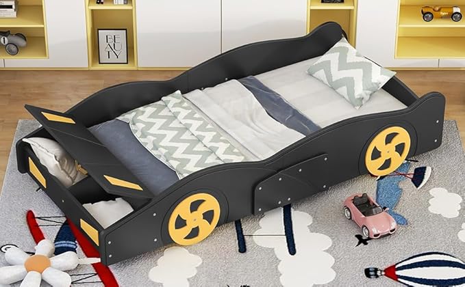 Twin Size Race Car-Shaped Platform Bed Bedframe with Wheels and Storage, 90.6" L * 40.3" W * 15,7" H Black+Yellow