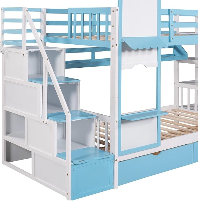 MERITLINE Twin Over Twin Castle Bunk Bed with Slide,Stairs and Drawers,Solid Wood Floor House Princess Bunk Bed with Storage Shelves (Blue)
