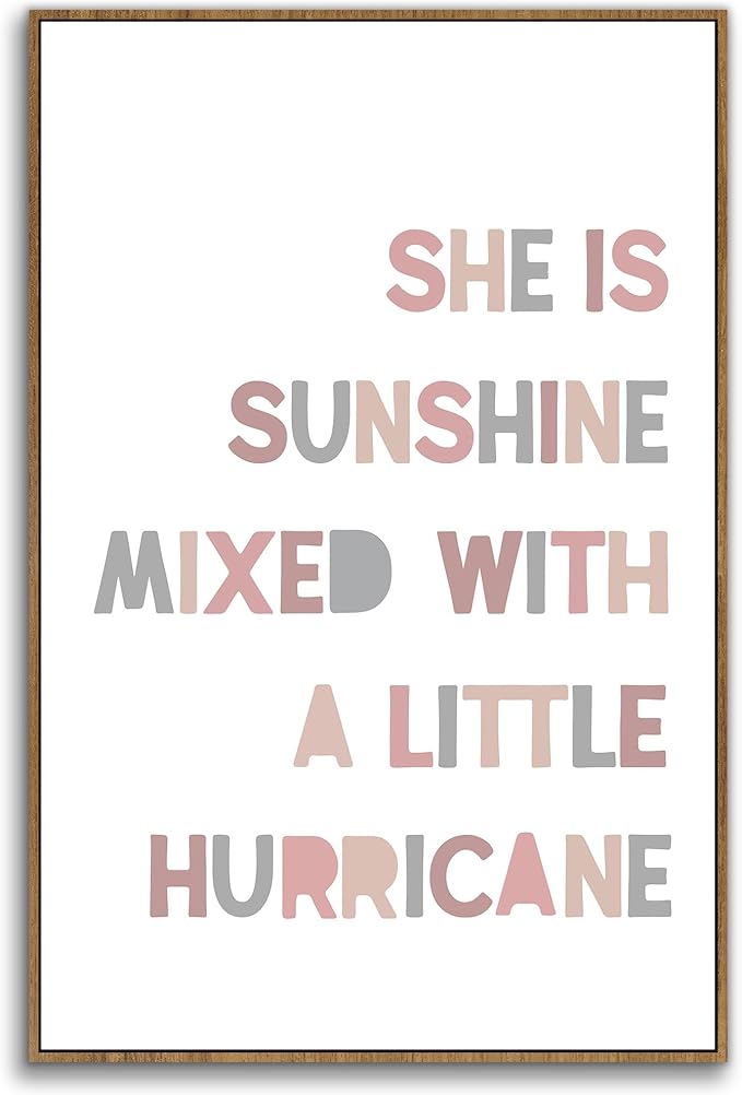 PHAMTE Girls Bedroom Wall Art Framed,She is Sunshine Mixed with a Little Hurricane Girly Room Wall Art Decor, Sunshine Boho Print Framed Canvas Painting Dorm Bedroom Nursery Playroom Decor 16x24in
