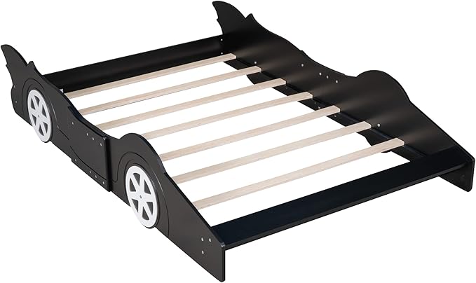 Full Size Race Car-Shaped Platform Bed Bedframe with Wheels, 87.4" L x 55.3" W x 16.1" H Black
