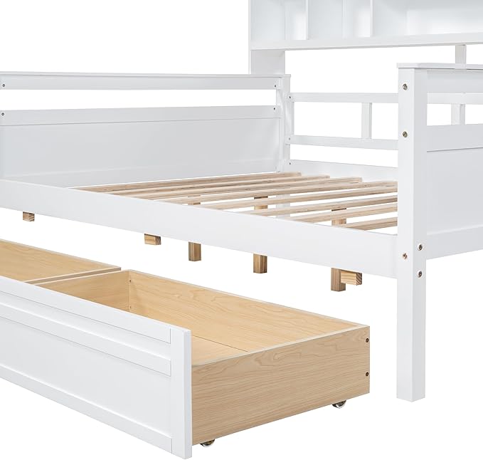 Harper & Bright Designs Full Daybed with Storage, Wooden Full Size Bed Frame with Bookcase Headboard and 2 Drawers, Full Sofa Bed with Shelves for Living Room Bedroom, No Box Spring Need, White