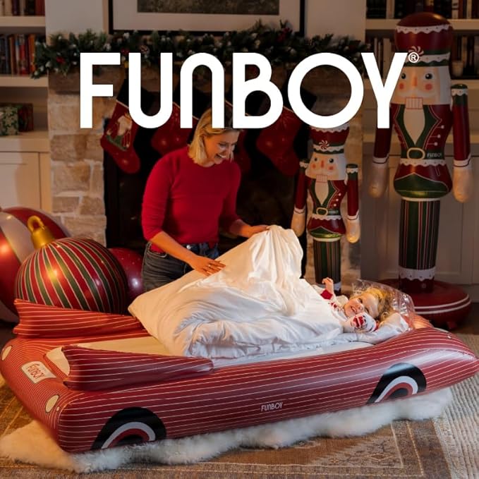 FUNBOY Christmas Convertible Kids Sleeper Air Mattress – Inflatable Red Striped Car Bed with Soft Flocked Surface, Easy Setup