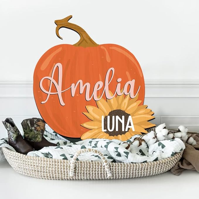 IZI POD Personalized Wooden Name Sign, Round 3D Nursery Name Sign, Pumpkin Sunflower Nursery, Baby Name Sign, Wooden name signs for nursery, Little Pumpkin Decor, Baby Shower, Name signs for kids gift/14, Design 14