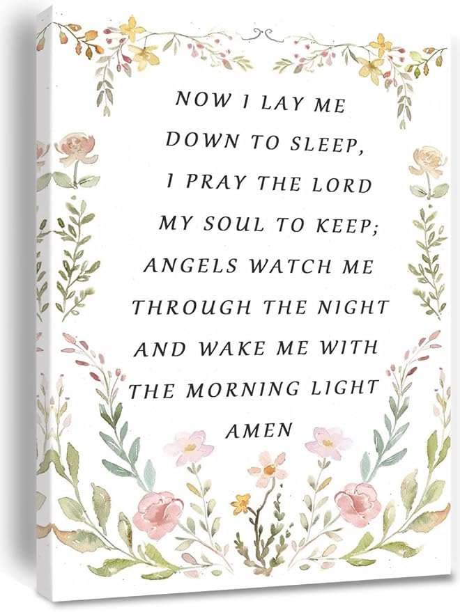 Nursery Bedtime Prayer Baby Room Now I Lay Me Down to Sleep Wildflower Canvas Wall Art Christian Child's Prayer Print Bible Verse Painting Home Decor Baptism Gifts for Girl Framed 8 * 12 inch