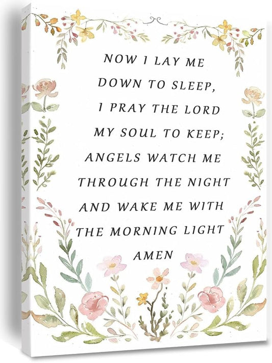 Nursery Bedtime Prayer Baby Room Now I Lay Me Down to Sleep Wildflower Canvas Wall Art Christian Child's Prayer Print Bible Verse Painting Home Decor Baptism Gifts for Girl Framed 8 * 12 inch