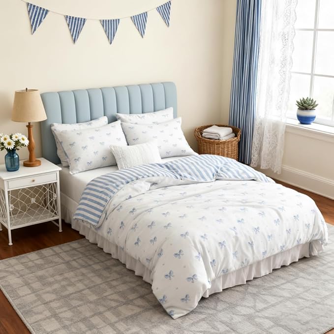 Bow Duvet Cover Queen Size Blue Striped On White Bedding Set 3 Pieces Cute Heart Printed Stripe Reversible Princess Style Soft Breathable Microfiber Duvet Cover Set with Zipper Closure