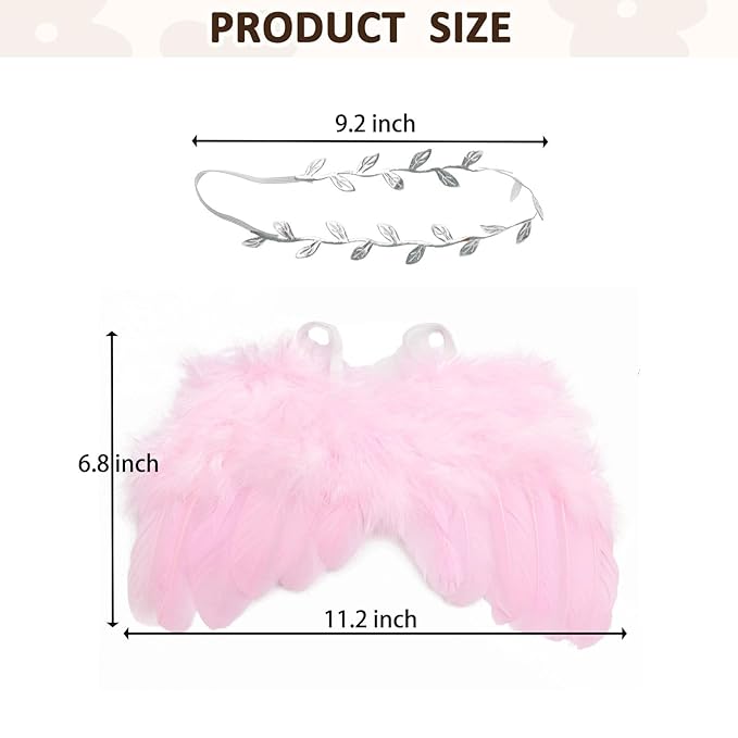 2PCS Pink Angel Wings With Leaf Headband For Newborn Infant Photo Props Soft Feather Wings For Kids Photo Outfits Baby Girls Costume(Color G, One Size)