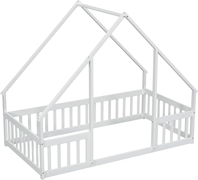 Bellemave Twin Floor Bed for Kids, Girls, Boys, Wood House Bed Frame, House Floor Bed for Kids, Twin Size Montessori Floor Bed with Fence, Playhouse, White