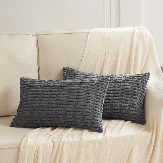 Fancy Homi 2 Packs Dark Grey Lumbar Decorative Throw Pillow Covers 12x24 Inch for Living Room Couch Bed Sofa, Rustic Farmhouse Boho Home Decor, Soft Striped Corduroy Rectangle Cushion Case 30x60 cm