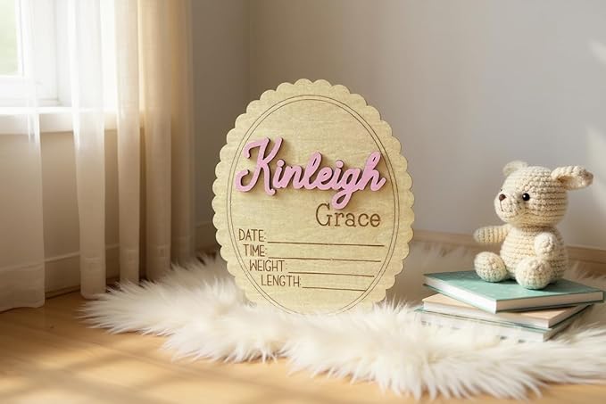 Personalized 3D Baby Name Sign with Floral Design, Scallop Engraved Birth Announcement Plaque, Baby Shower - Newborn Keepsake (Stat Sign)