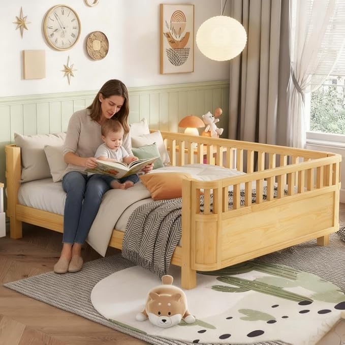 Full Size Bed Frame Kids with Rails, Wood Montessori Bed Full with Slats Support, Modern Daybed Low to Ground with Removable Bed Rails for Girls Boys Bedroom Living Room, Natural
