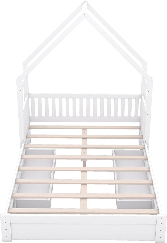 SOFTSEA Queen Size Wood House Platform Bed with 2 Drawer, Low House Bed with Drawers Queen Size Floor Platform Bed with Drawers, Wood Bed Frame with Guardrails and Roof, White