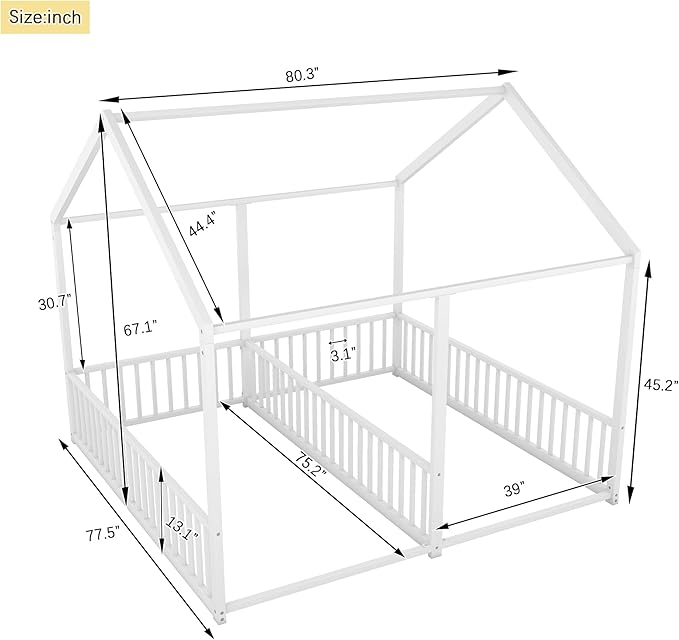 Harper & Bright Designs Metal Twin Size House Platform Bed Frame for Boys Girls Kids Adults Toddler, Two Shared Beds, White
