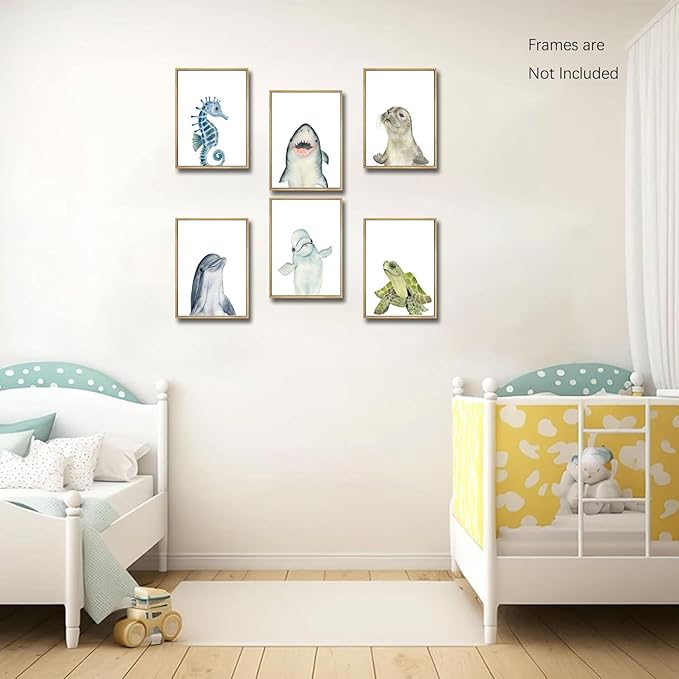 Wodkwq Nursery Wall Art Sea Animal Canvas Prints Baby Girl Boy Room Decor Watercolor Paintings Pictures Cute Ocean Theme Toddler Room Decoration Set of 6 for Kids Bedroom Bathroom 12x16in Unframed