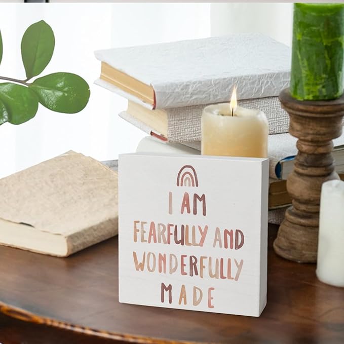Boho Neutral Baby Nursery Decor - Inspirational Bible Verse Rainbow Wood Box Sign, Toddler Room Desk Decor, Christian 5x5 Burlywood