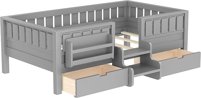 Bellemave Twin Size Kids Bed with high Rails and with Built-in Bookshelf and Drawers for Kids, Girls, Boys, Wood Montessori Bed Without Door, Gray