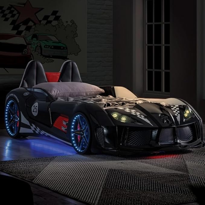 MASARA Race Car Twin Bed with LED Lights, Music Player, Magnetic Doors (Black)