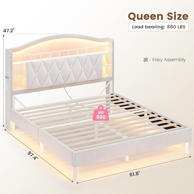 ADORNEVE Queen Bed Frame with LED Lights, Princess Velvet Upholstered Platform Bed for Girls, Headboard with Charging Station & Guardrail & Crystal Button, No Box Spring Needed, Beige