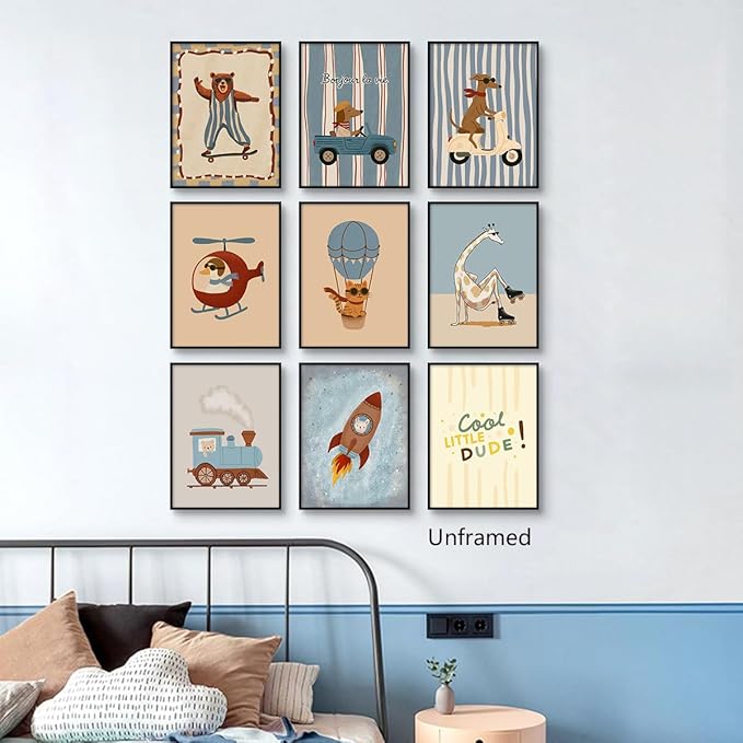 9 Pieces Nursery Animals Canvas Wall Art, Kids Room Cute Bear Dog Cat Giraffe and Bunny Picture, Skateboard Cars Rocket and Hot Air Balloon Poster for Boys Bedroom Playroom 12x16in Unframed