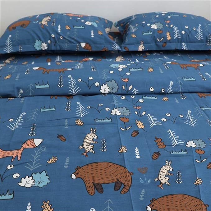 Houseri Blue Bear Animal Print Duvet Cover Set Queen Full - 3 Pcs (Duvet Cover, 2 Pillowcases) - Modern Rustic, Unisex - Cotton, 200 Thread Count - Machine Washable