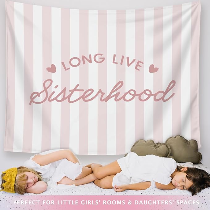 LIANGW Preppy Long Live Sisterhood Pink Striped Girls Room Decor - Tapestry Aesthetic for Bedroom, Coquette Preppy Room Decor for Girly Nursery Toddler Playroom Bedroom Dorm Apartment 50x60 inches