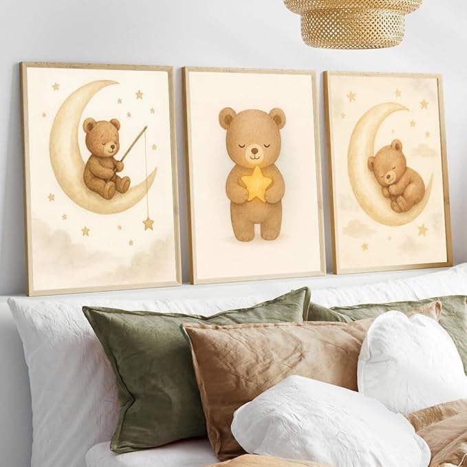 XBQZFLHT 3Pcs Bear Nursery Wall Art Teddy Bear Moon and Stars Canvas Prints Cute Animal Sleeping on the Moon and Cloud Neutral Baby Room Decor Pictures for Boys and Girls 12x16in Unframed