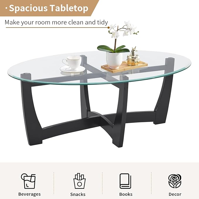 LKTART 48" Oval Glass Coffee Table with Tempered Glass Top Cross and Solid Wood Base Simple & Modern Center Table for Living Room Office Apartment Black