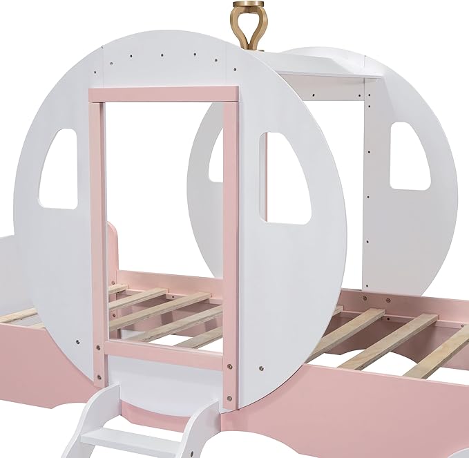 Cute Twin Size Princess Carriage Bed with Crown and Stair,Solid Wood Platform Car Bed Frame with 2 Doors,Headboard and Footboard,Safety Wood Slats for Kids Boys Girls (White+Pink-s18)