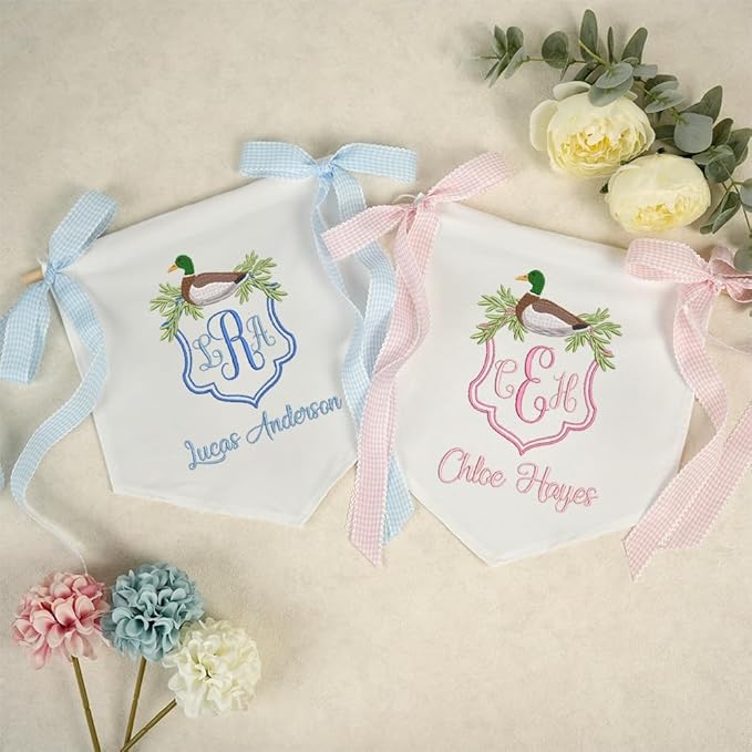 Embroidered Baby Name Sign with Bows Personalized Baby Announcement Sign Newborn Baby Banner Baby Hospital Name Sign Canvas Hanging Pennant Flag Custom Infant Baby Name Baby Shower Banner (10)