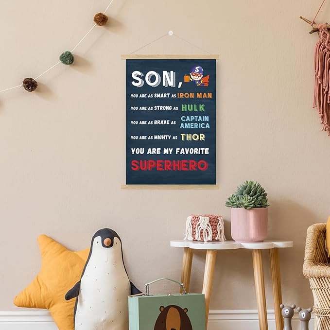 Qswo Son You Are My Favorite Superhero Wall Art Poster Hanger Frame,Inspirational Gifts for Son,Superhero Hanging Canvas Wall Decor for Boys Room Dorm Nursery