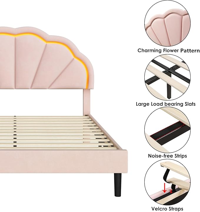 HIFIT Queen Upholstered Smart LED Bed Frame with Adjustable Chic Petal Headboard, Soft Princess Queen Size Platform Bed Frame for Girls, Wooden Slats Support, No Box Spring Needed, Easy Assembly, Pink