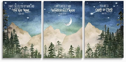Nursery Scripture Wall Art, Set of 3 Nursery Bible Verse Wall Decor, Star Night Mountain Forest Wall Art, Nature Woodland Decor Canvas Prints, Inspirational Christian Kids Art, Framed 12"x16"