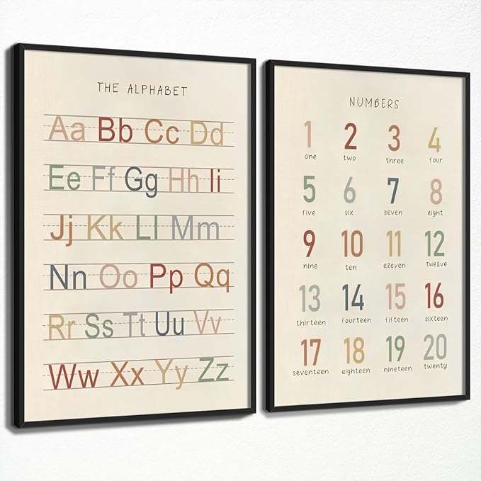2pcs Alphabet and Numbers 1-20 Poster, Abc Letters Learning Charts for Toddlers 1-3, Numbers Canvas Wall Art for Nursery Classroom Wall, Kids Playroom Educational Print 24x36in Framed