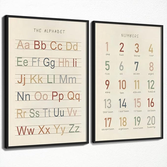 2pcs Alphabet and Numbers 1-20 Poster, Abc Letters Learning Charts for Toddlers 1-3, Numbers Canvas Wall Art for Nursery Classroom Wall, Kids Playroom Educational Print 24x36in Framed
