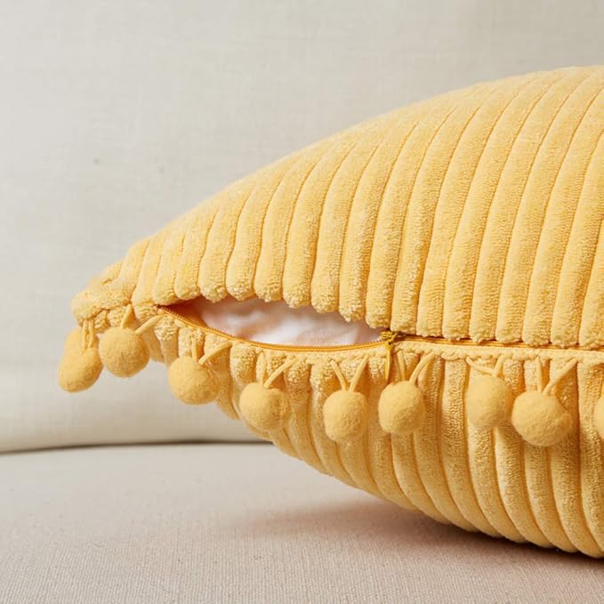 Fancy Homi Pack of 2 Boho Lumbar Decorative Throw Pillow Covers with Pom-poms, Soft Corduroy Solid Rectangle Cushion Cases Set for Couch Sofa Bedroom Car Living Room (12x20 Inch/30x50 cm, Yellow)