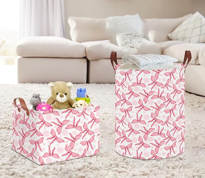 Laundry Hamper,Laundry Basket,Baby Nursery Hamper,Waterproof Storage Bin,Clothes Organizer Basket,Room Decor(Pink Bowknot)