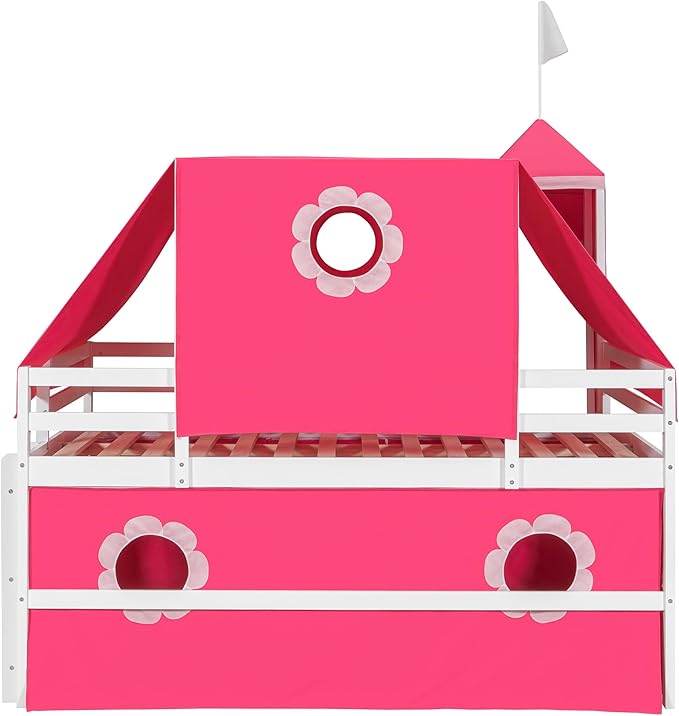 Polibi Full Size Castle Loft Bed with Slide & Pink Tent and Tower, Playhouse Design Spacious Under Bed Space with Curtains, Wood Tent Bed Frame for Kids Boys Girls(Pink,Full)