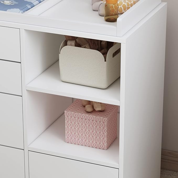 AIEGLE Nursery Baby Dresser, White Bedroom Dresser with 5 Drawers & Storage Shelves, Wood Chest of Drawers Nursery Storage Kids Organizer (47.6" W x 19.7" D x 36.1" H)