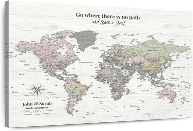 ElephantStock - Personalized Leave A Trail Iii Push Pin World Map Wall Art - Horizontal Canvas Wall Art - Living Room Wall Decor - Digital Art Map Canvas Art - White And Gray Decor - 39" x 26"